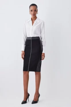 Best Sale 😍 Karen Millen High Waisted Zip Through Ponte And Pu Midi Pencil 👗 Skirt - black 🧨