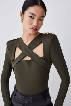 New 🎁 Karen Millen Strong Shoulder Cut Out Long Sleeve Belted Bodysuit - olive ⭐