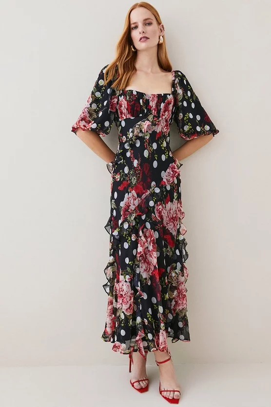 Best Pirce π Karen Millen Tall Spot Floral Chiffon Square Neck Ruffle Maxi π Dress - multi π§¨