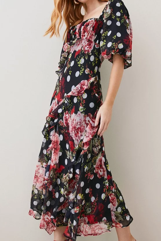 Best Pirce π Karen Millen Tall Spot Floral Chiffon Square Neck Ruffle Maxi π Dress - multi 𧨠- Image 2
