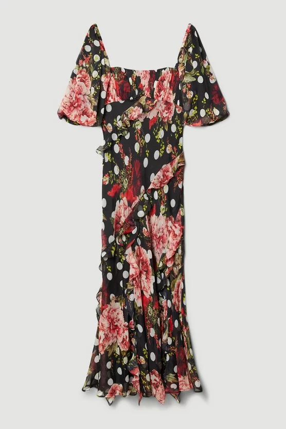 Best Pirce π Karen Millen Tall Spot Floral Chiffon Square Neck Ruffle Maxi π Dress - multi 𧨠- Image 4