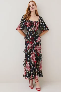 New 😀 Karen Millen Petite Spot Floral Chiffon Square Neck Ruffle Maxi 👗 Dress - multi ✨