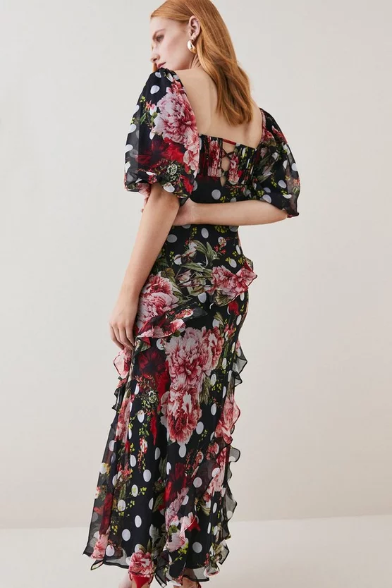 New π Karen Millen Petite Spot Floral Chiffon Square Neck Ruffle Maxi π Dress - multi β¨ - Image 3