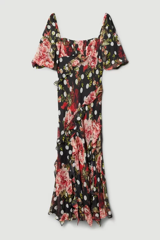 New π Karen Millen Petite Spot Floral Chiffon Square Neck Ruffle Maxi π Dress - multi β¨ - Image 4