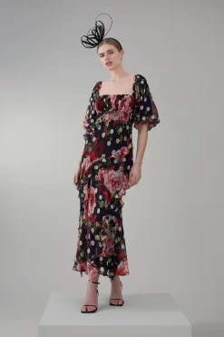 Top 10 🛒 Karen Millen Spot Floral Chiffon Square Neck Ruffle Maxi 👗 Dress - multi 🧨