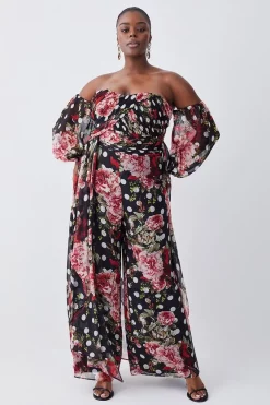 Deals 🔥 Karen Millen Plus Size Spot Floral Chiffon Bardot Wide Leg Jumpsuit - multi 🥰