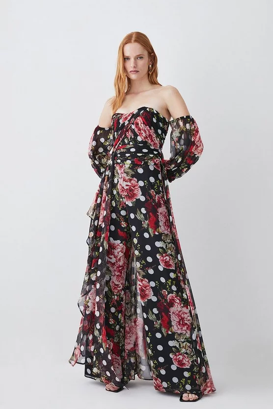 Best deal β Karen Millen Spot Floral Chiffon Bardot Wide Leg Jumpsuit - multi π