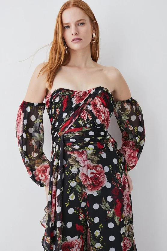 Best deal β Karen Millen Spot Floral Chiffon Bardot Wide Leg Jumpsuit - multi π - Image 2
