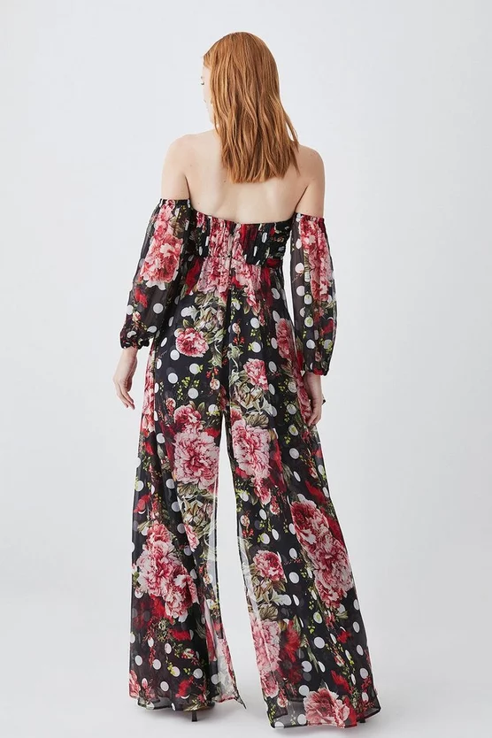 Best deal β Karen Millen Spot Floral Chiffon Bardot Wide Leg Jumpsuit - multi π - Image 3
