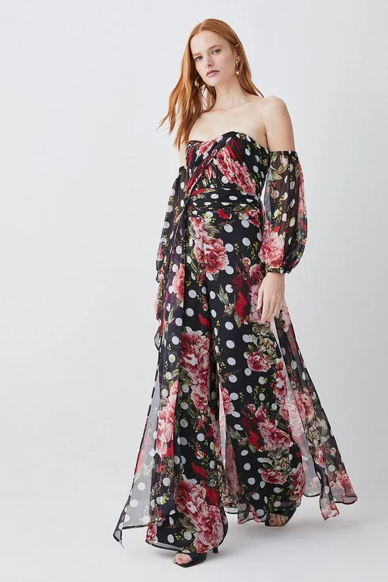 Best deal β Karen Millen Spot Floral Chiffon Bardot Wide Leg Jumpsuit - multi π - Image 5