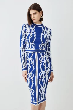 Deals 🌟 Karen Millen Chain Jacquard Knit Midi 👗 Skirt - blue 🎁