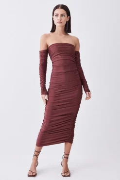 Best Pirce 𧨠Karen Millen Petite Gathered Slinky Bardot Maxi π Dress - chocolate βοΈ