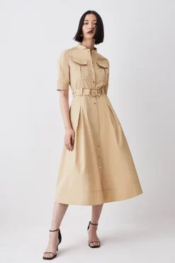 Flash Sale 😉 Karen Millen Cotton Sateen Short Sleeve Midi 👕 Shirt 👗 Dress - camel ✔️