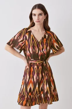 Wholesale β¨ Karen Millen Ikat Print Linen Angel Sleeve Wrap Front π Dress - multi π₯°
