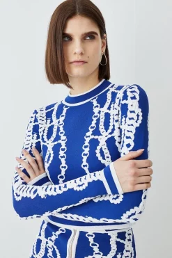 Outlet 👏 Karen Millen Chain Jacquard Knit Long Sleeve Top - blue 😍