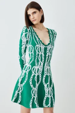Coupon 😍 Karen Millen Chain Jacquard Knit Long Sleeve Mini Skater 👗 Dress - green ⭐