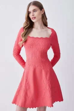 Cheap 🤩 Karen Millen Square Neck Textured Knit Long Sleeve Mini Skater 👗 Dress - pink ⌛