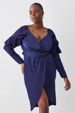 Buy ❤️ Karen Millen Plus Size Satin And Lace Ruffle Woven Midi 👗 Dress - blue 🤩