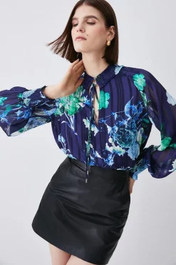 New 😉 Karen Millen Floral Shirred Detail Woven Blouse - blue 👍