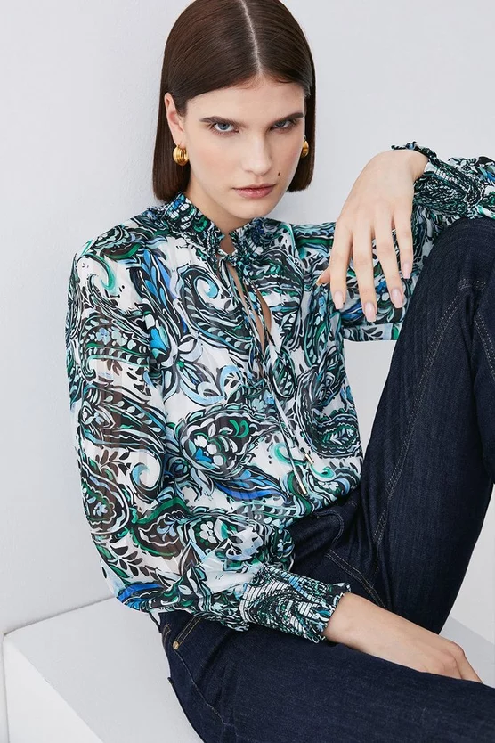 Brand new π Karen Millen Paisley Shirred Detail Woven Blouse - ivory π - Image 5