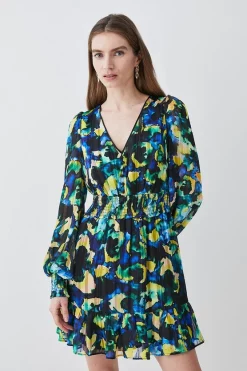 Outlet ✨ Karen Millen Abstract V Neck Woven Mini 👗 Dress - multi 🥰