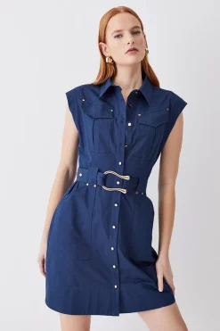 Brand new ⭐ Karen Millen Cotton Sateen Mini 👕 Shirt 👗 Dress - navy 🎉