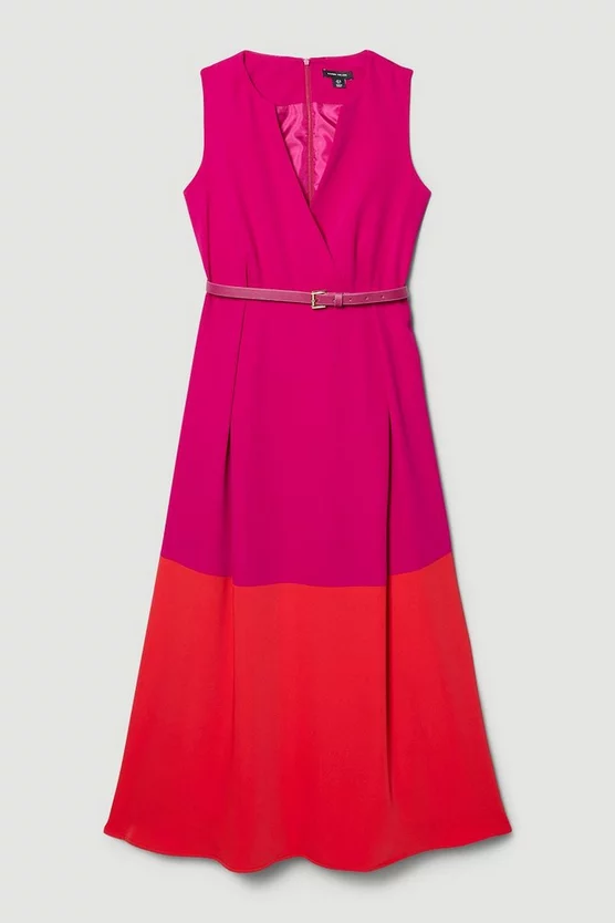 Budget π€© Karen Millen Soft Tailored Full π Skirt Belted Colour Block Midi π Dress π - Image 4