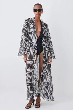 Best reviews of 🥰 Karen Millen Silk Viscose Km Logo Woven Beach Maxi Kimono 🔥