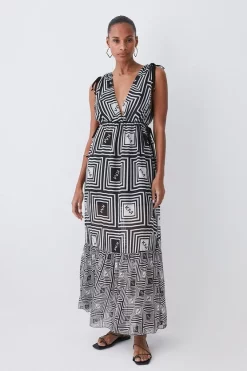 Promo 🎉 Karen Millen Silk Viscose Km Logo Tiered Maxi Beach 👗 Dress - mono 😍