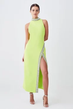 Best reviews of π Karen Millen Petite Crystal Embellished Woven Split Maxi - lime π