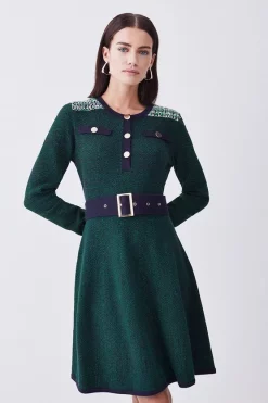Cheapest 🧨 Karen Millen Petite Cut And Sew Tweed Panel Long Sleeve Skater 👗 Dress - green 🤩