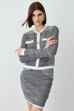 Flash Sale ⌛ Karen Millen Cut And Sew Tweed Panel Long Sleeve Button Through Cardigan - mono 👍