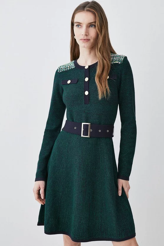 Brand new βοΈ Karen Millen Cut And Sew Tweed Panel Long Sleeve Skater Mini π Dress - green π