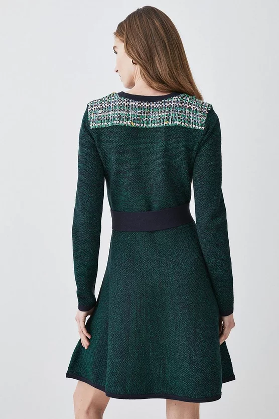 Brand new βοΈ Karen Millen Cut And Sew Tweed Panel Long Sleeve Skater Mini π Dress - green π - Image 3