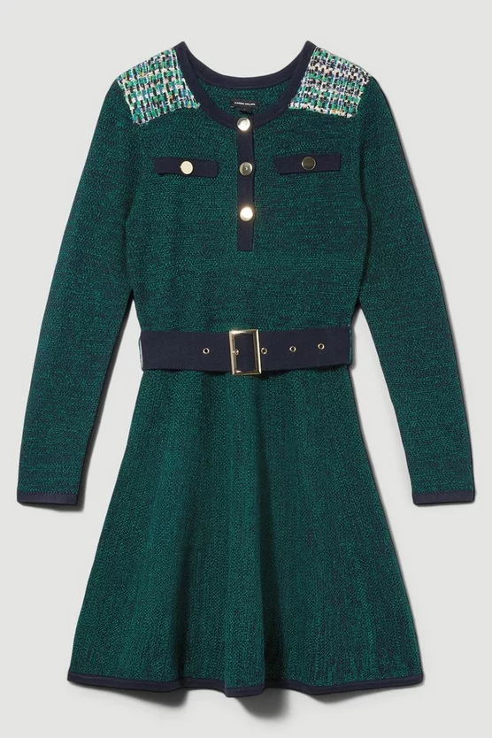 Brand new βοΈ Karen Millen Cut And Sew Tweed Panel Long Sleeve Skater Mini π Dress - green π - Image 4