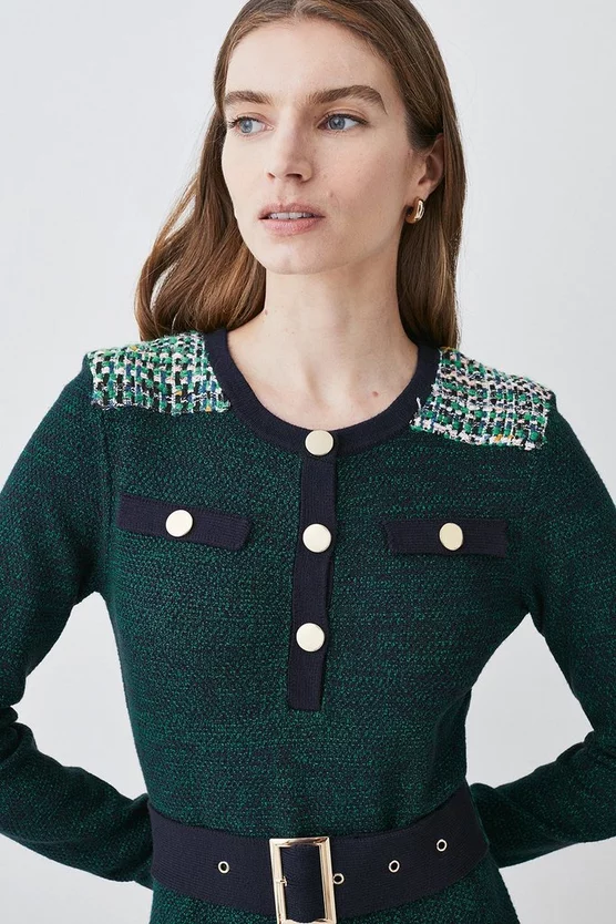 Brand new βοΈ Karen Millen Cut And Sew Tweed Panel Long Sleeve Skater Mini π Dress - green π - Image 5