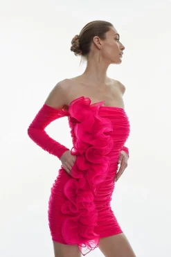 Promo 🎁 Karen Millen Ponte And Mesh Rouched Organza Frill Bardot Mini 👗 Dress - pink ✔️