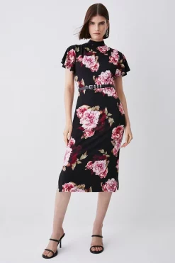 Coupon 🥰 Karen Millen Belted Viscose Blend Angel Sleeve Jersey Midi 👗 Dress 😀