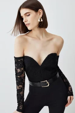 Budget ⌛ Karen Millen Lace Plunge Ponte Long Sleeve Belted Bodysuit - black 🛒