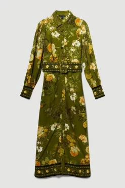 Hot Sale 👏 Karen Millen Lydia Millen Tall Floral Belted Woven Midi 👕 Shirt 👗 Dress 🌟