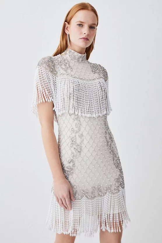 Outlet π₯° Karen Millen Pearl Embellished Fringed Woven Mini π Dress - ivory π§¨