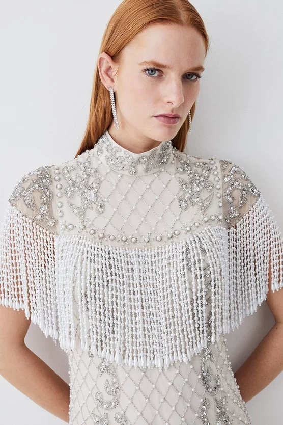 Outlet π₯° Karen Millen Pearl Embellished Fringed Woven Mini π Dress - ivory 𧨠- Image 2