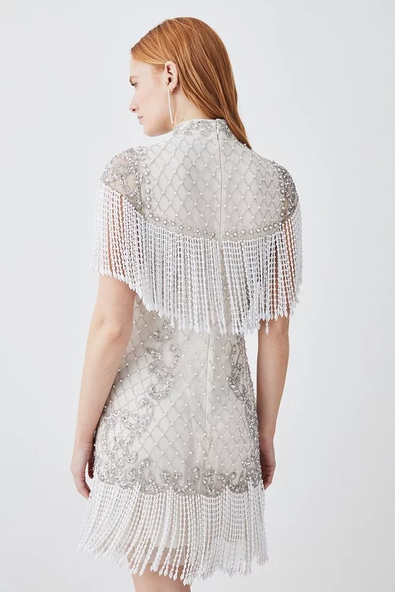 Outlet π₯° Karen Millen Pearl Embellished Fringed Woven Mini π Dress - ivory 𧨠- Image 3