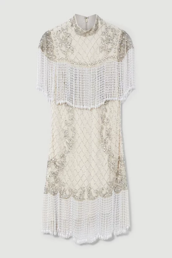 Outlet π₯° Karen Millen Pearl Embellished Fringed Woven Mini π Dress - ivory 𧨠- Image 4