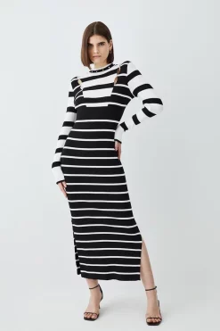 Best Sale 👍 Karen Millen Viscose Blend Soft Touch Stripe Knit Midi 👗 Dress - mono 🤩
