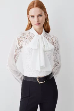 Coupon ⭐ Karen Millen Lace Jersey Contrast Pussy Bow Sleeve Bodysuit 🧨