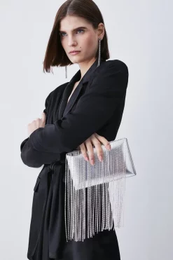 Flash Sale 👏 Karen Millen Metallic Diamante Dangle Detail Clutch Bag - silver 🎉