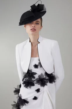 New 👍 Karen Millen Petite Floral Applique Woven Cropped Blazer - mono 😉