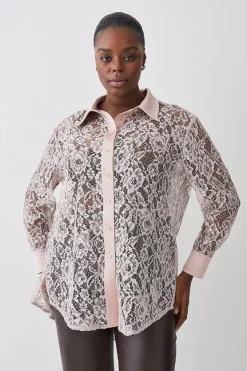 Outlet 💯 Karen Millen Plus Size Italian Lace & Satin Tailored Longline 👚 Shirt - blush 👍