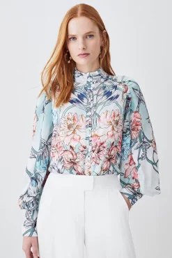 Top 10 🧨 Karen Millen Mirrored Floral Print Satin Blouse - sage 😍